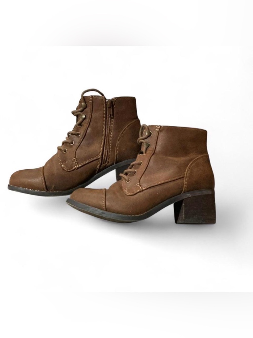 Women's Brown Lace-Up Block Heel Ankle Booties w/ zipper closure Sz 6.5W